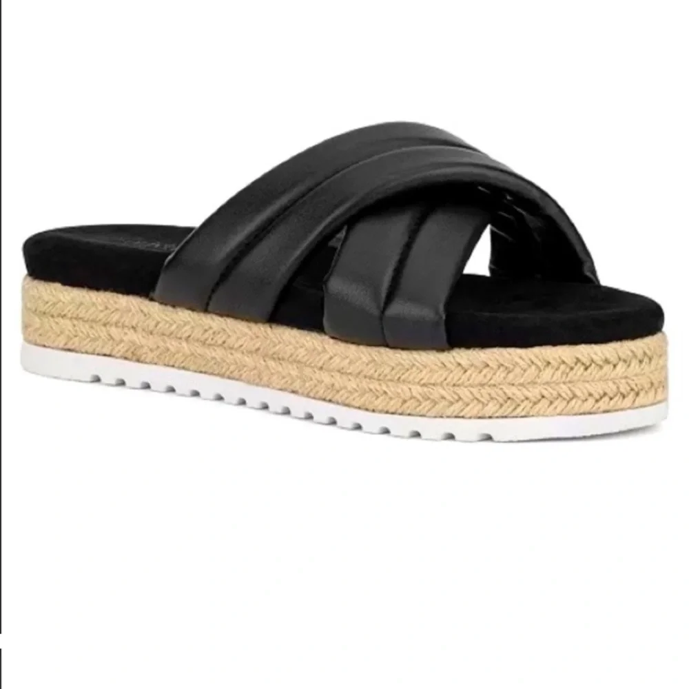 Olivia Miller Women's Black Faux Leather River Platform Slides Sandals
